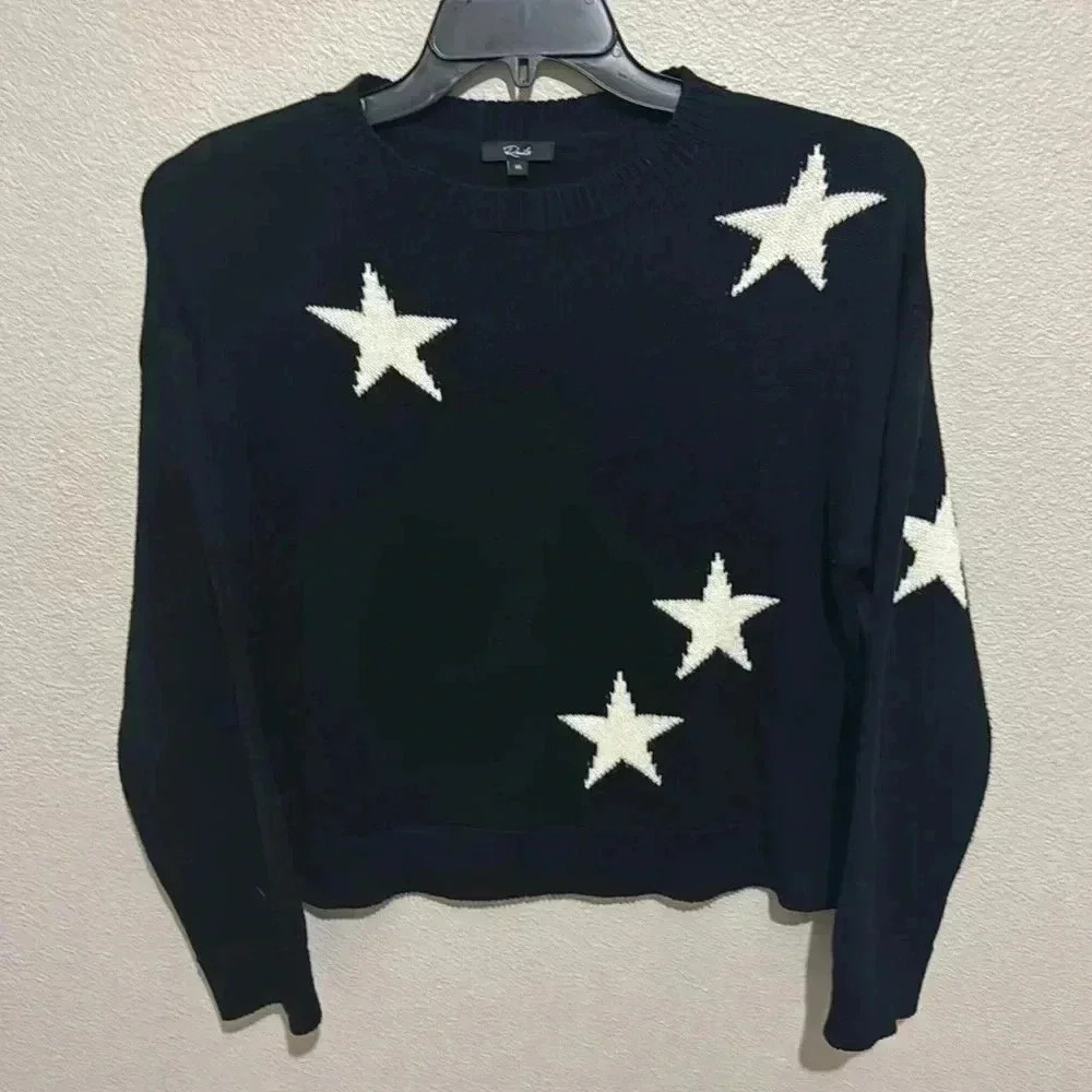 Rails Perci Black & White Star Cashmere Blend Crew Neck Sweater Cotton/Cashmere - Picture 2 of 6